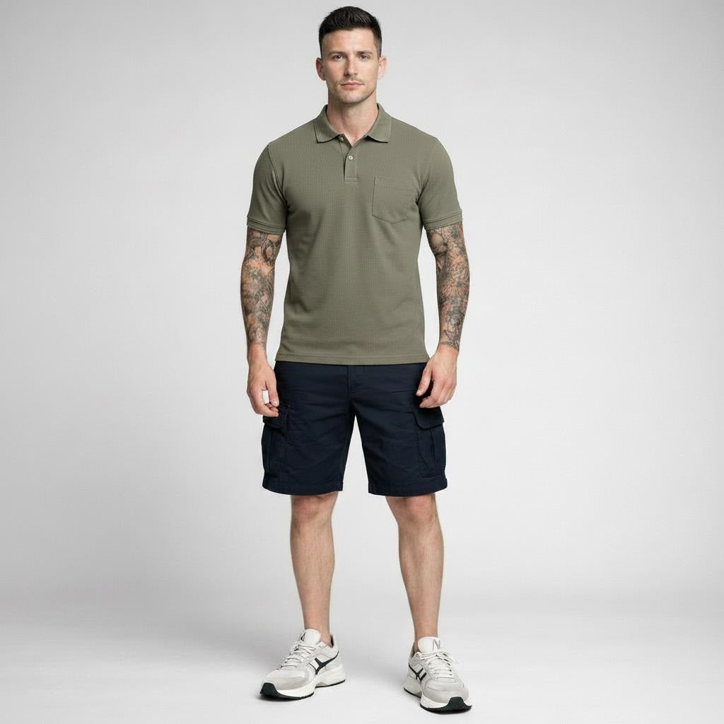 Men Dark Olive Polo Collar Pockets T-shirt