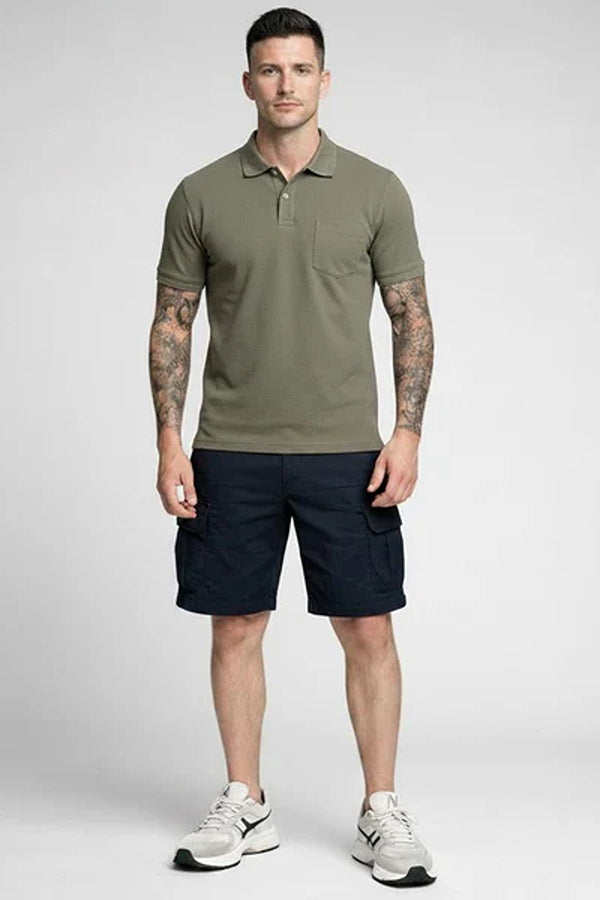 Men Dark Olive Polo Collar Pockets T-shirt
