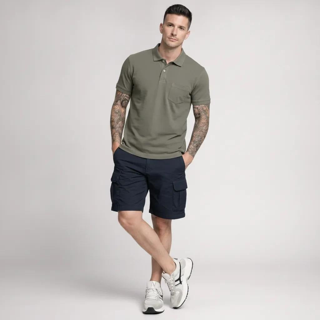 Men Dark Olive Polo Collar Pockets T-shirt