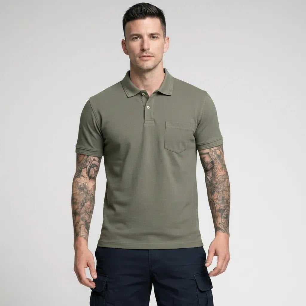 Men Dark Olive Polo Collar Pockets T-shirt