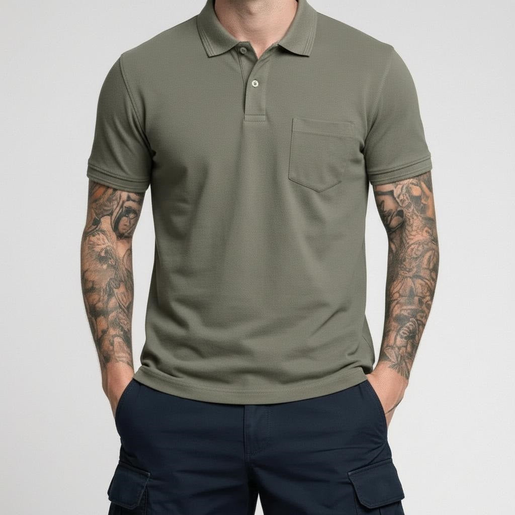Men Dark Olive Polo Collar Pockets T-shirt