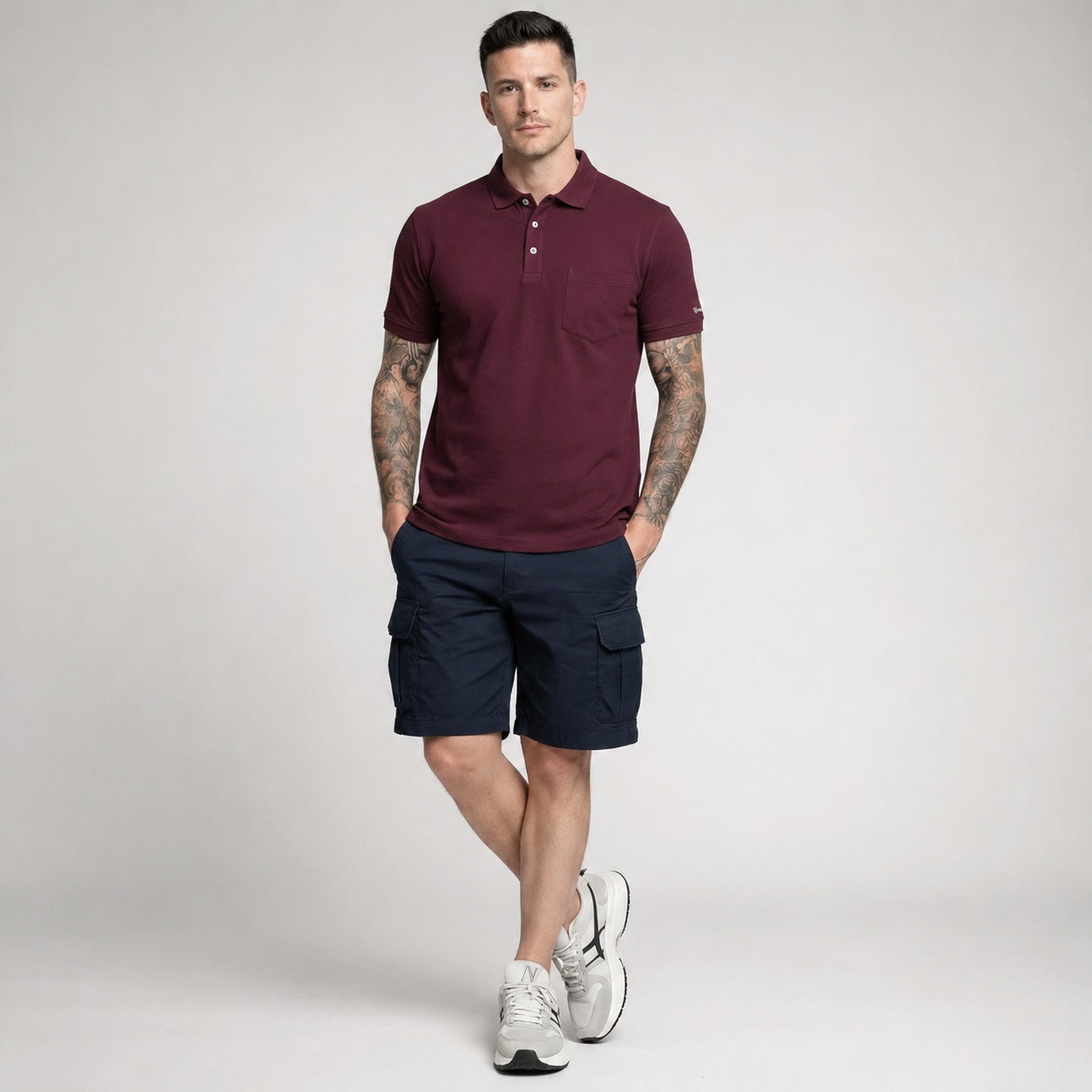 Men Dark Wine Polo Collar Pockets T-shirt