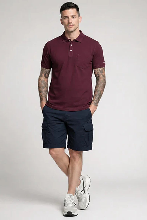 Men Dark Wine Polo Collar Pockets T-shirt