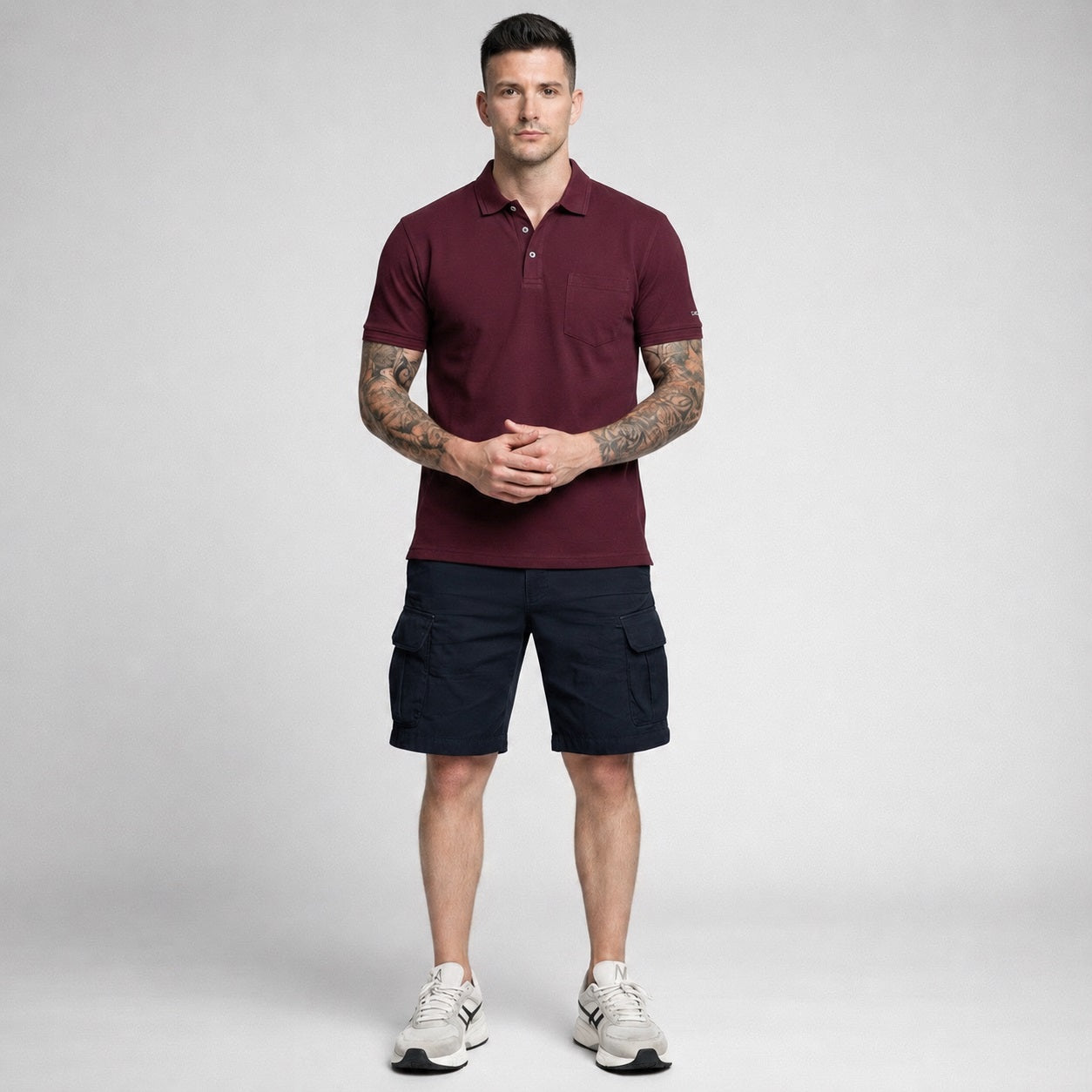 Men Dark Wine Polo Collar Pockets T-shirt