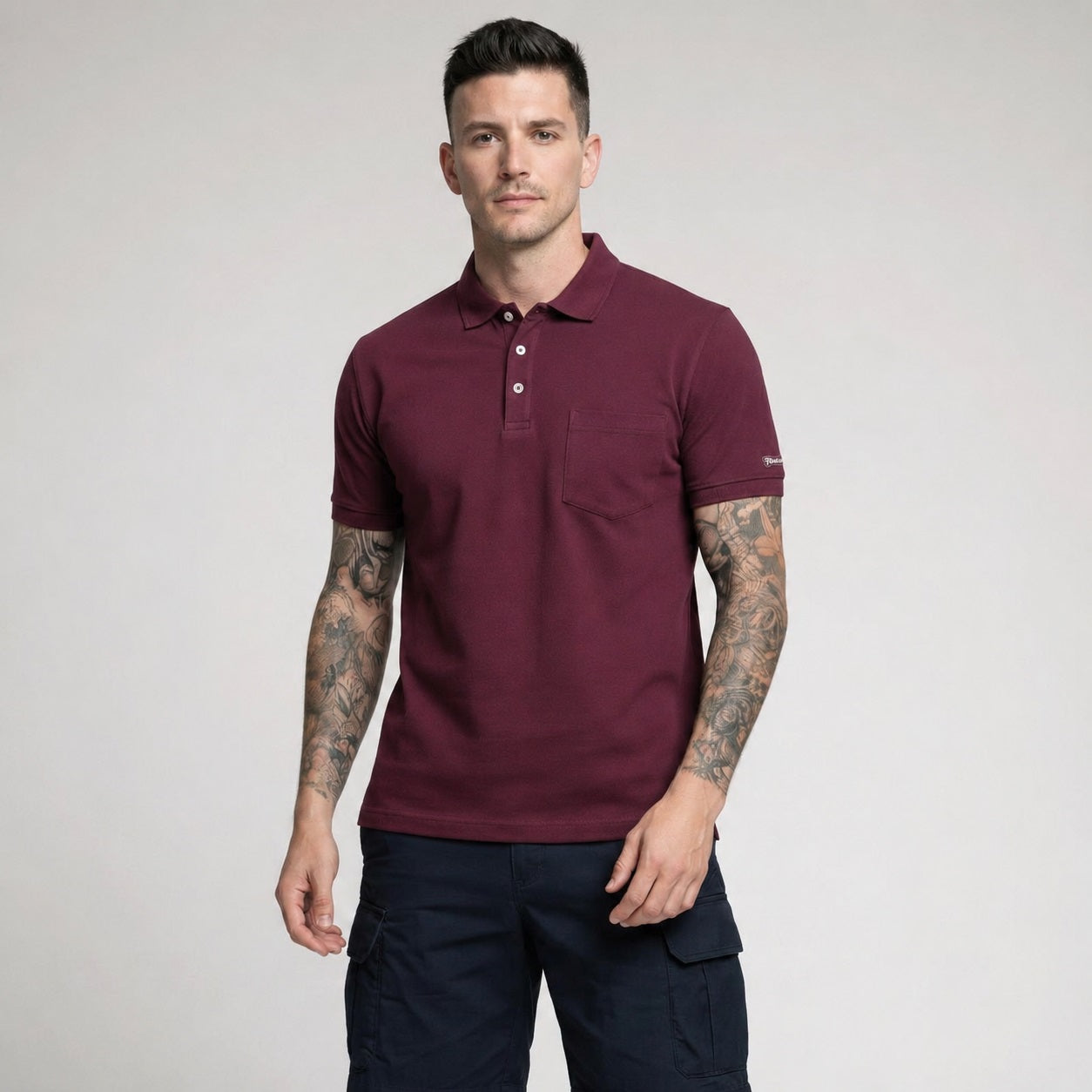 Men Dark Wine Polo Collar Pockets T-shirt