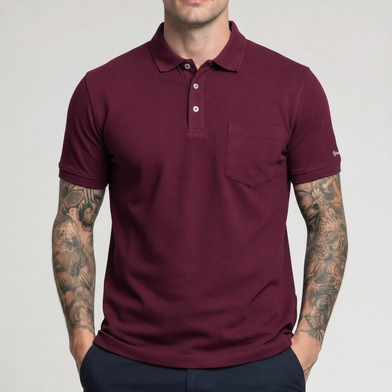Men Dark Wine Polo Collar Pockets T-shirt