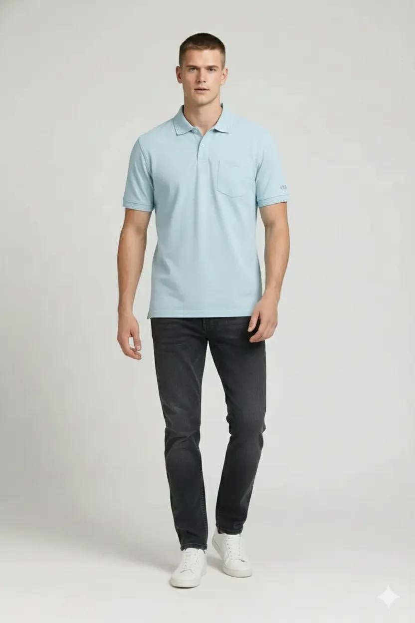 Men Delicate Blue Polo Collar Pockets T-shirt