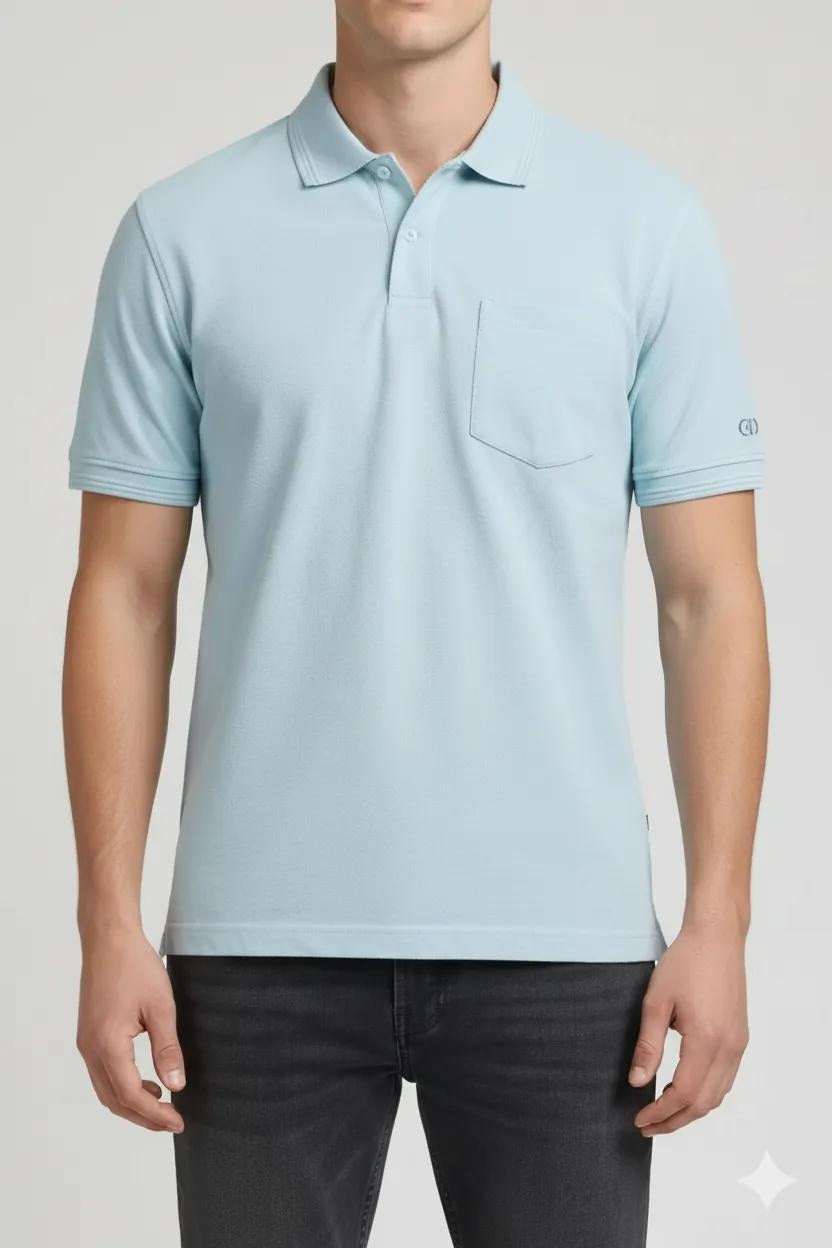 Men Delicate Blue Polo Collar Pockets T-shirt