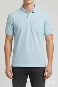 Men Delicate Blue Polo Collar Pockets T-shirt