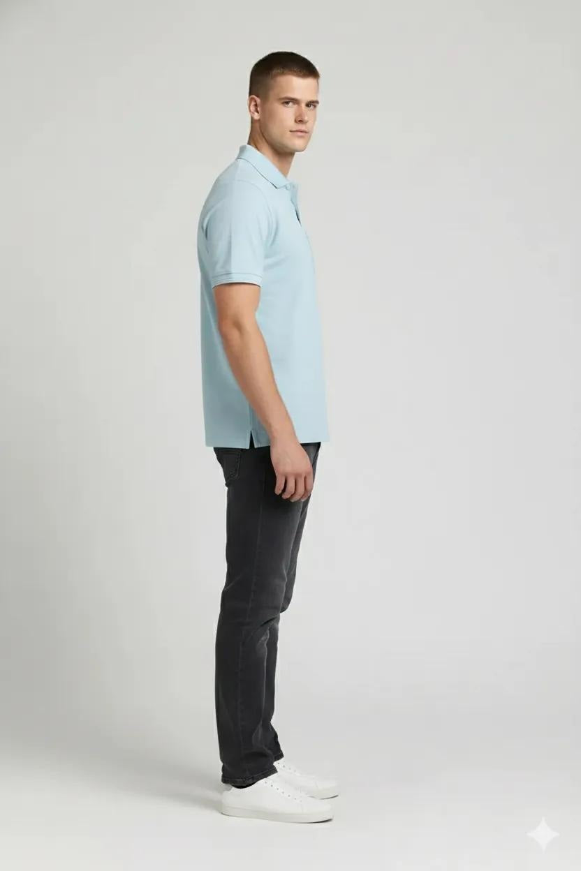 Men Delicate Blue Polo Collar Pockets T-shirt