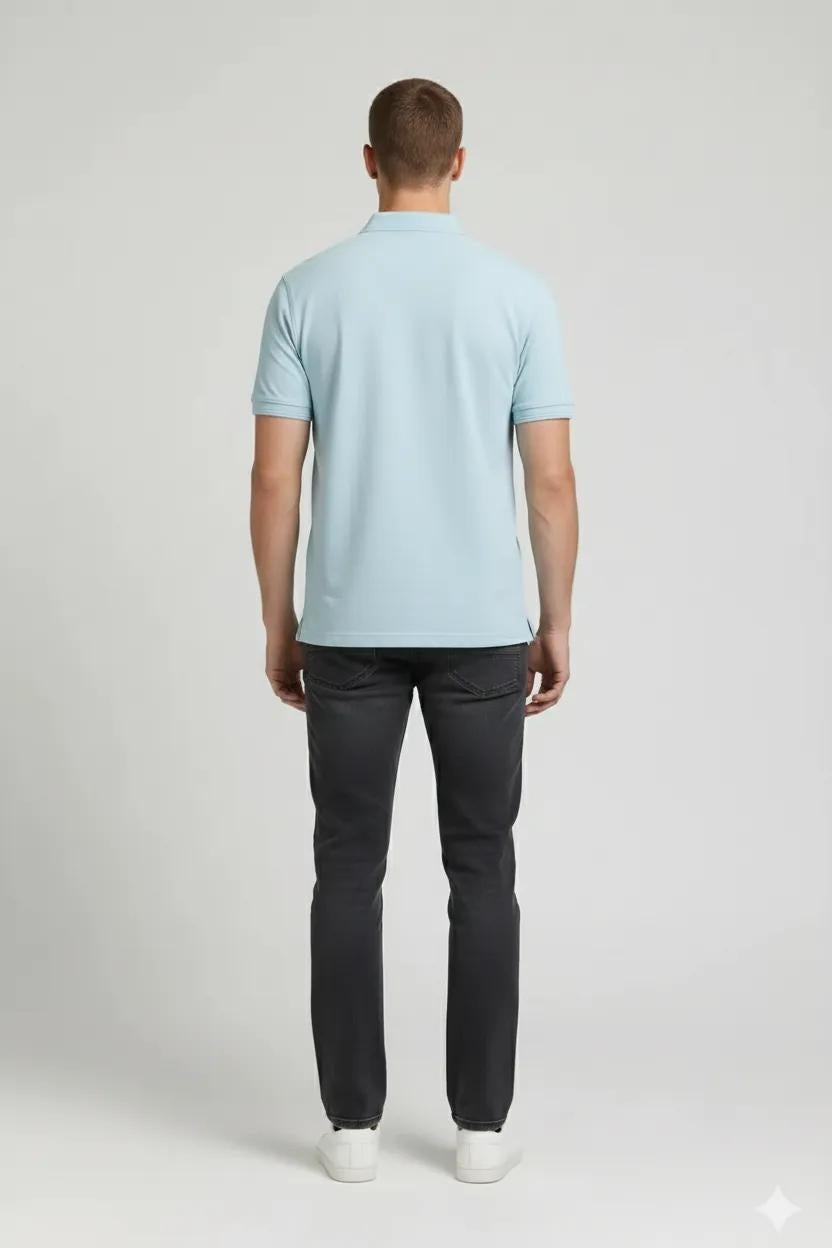 Men Delicate Blue Polo Collar Pockets T-shirt