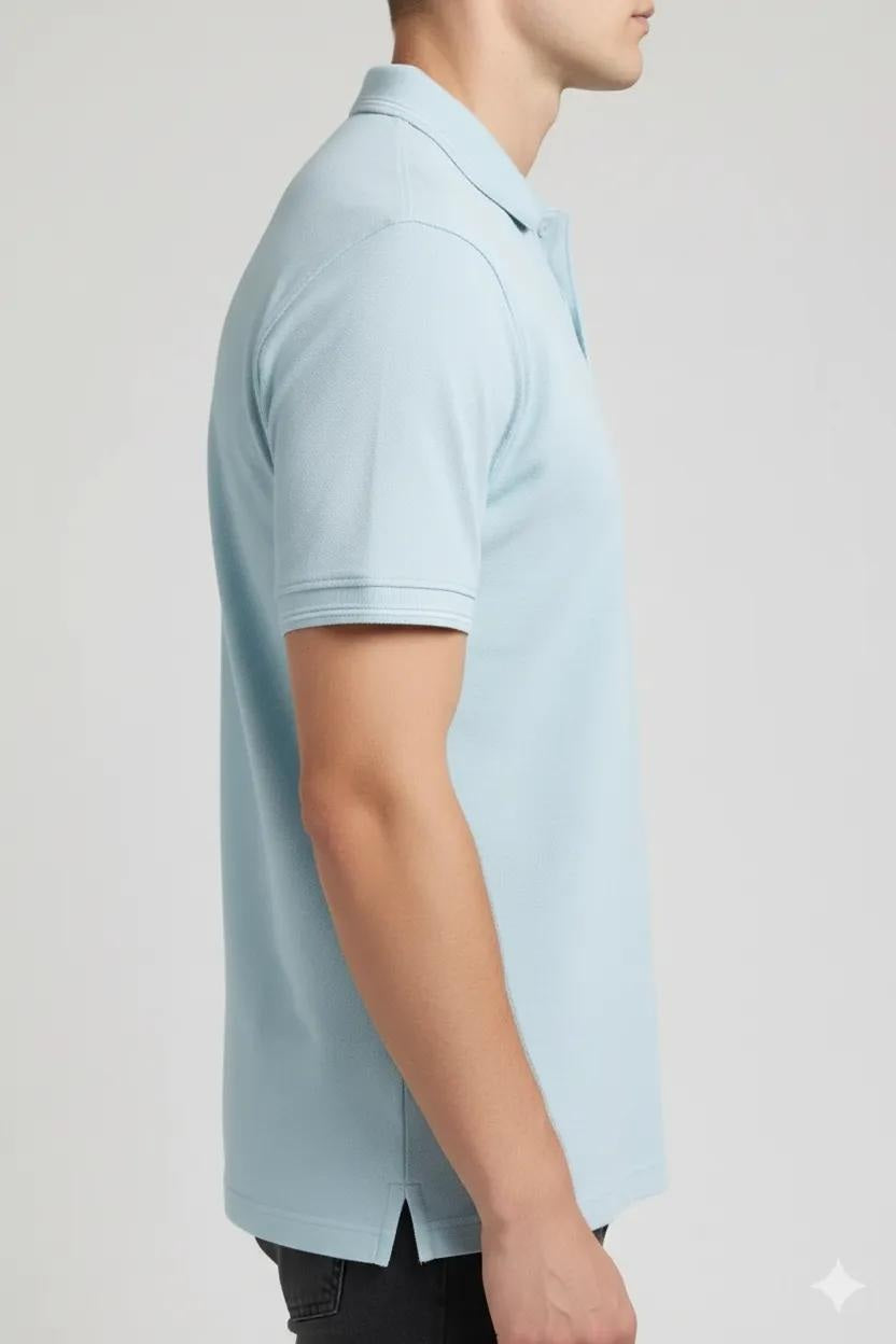 Men Delicate Blue Polo Collar Pockets T-shirt