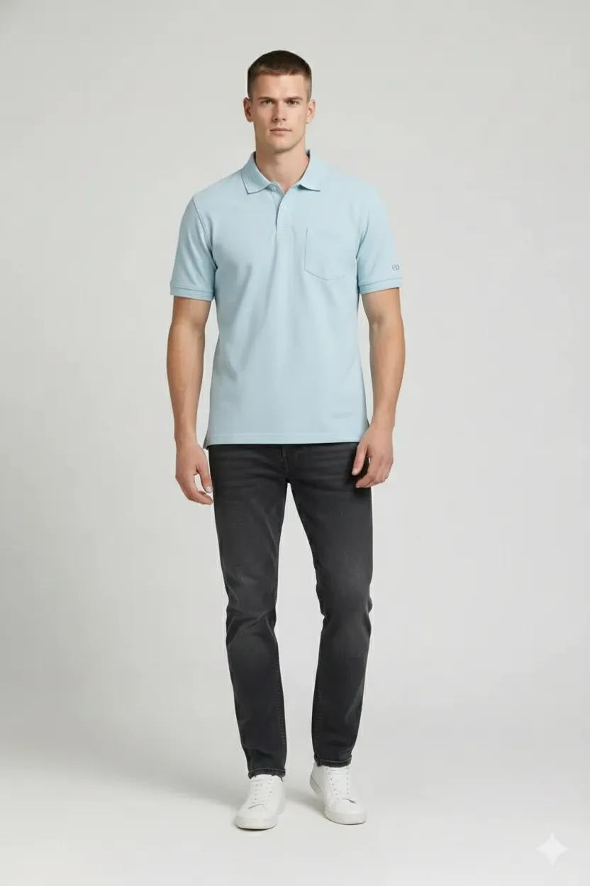Men Delicate Blue Polo Collar Pockets T-shirt