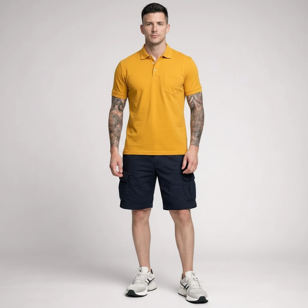 Men Dusty Mustard Polo Collar Pockets T-shirt