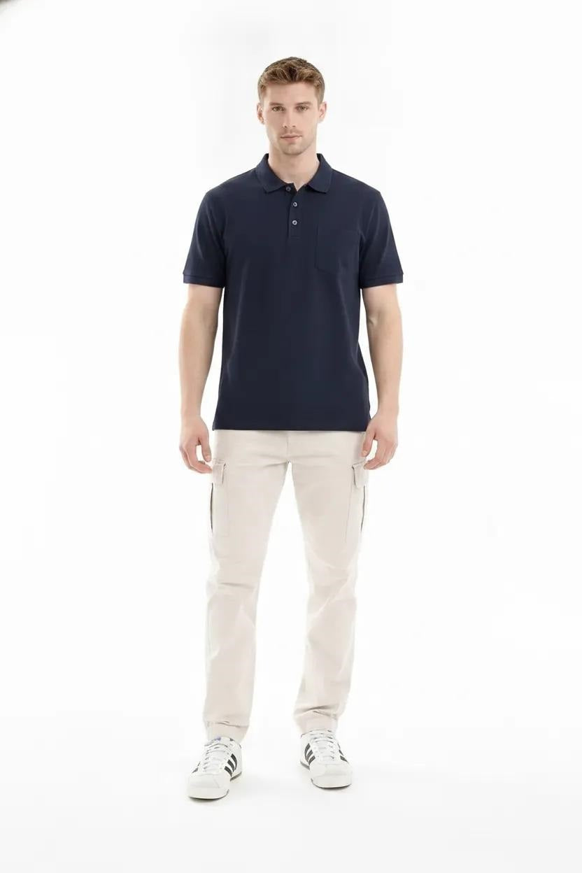 Men Light Navy Polo Collar Pockets T-shirt