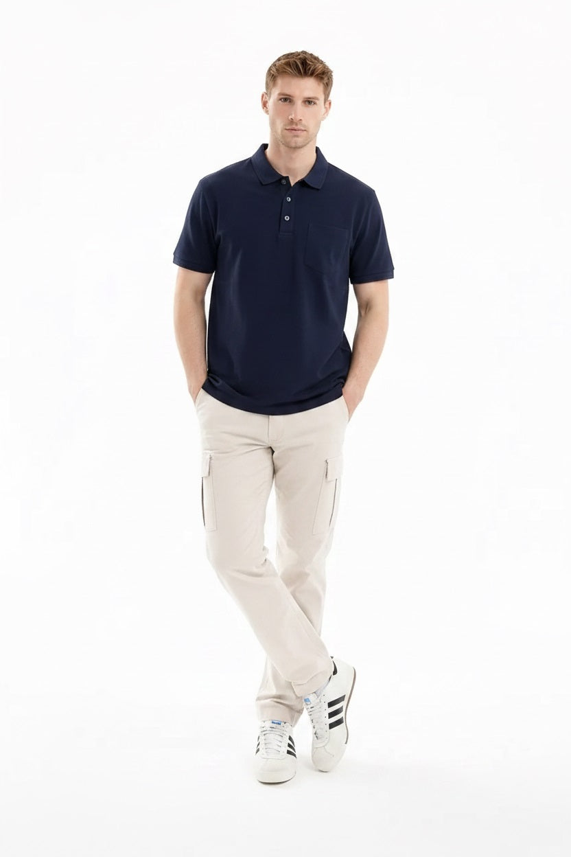 Men Light Navy Polo Collar Pockets T-shirt