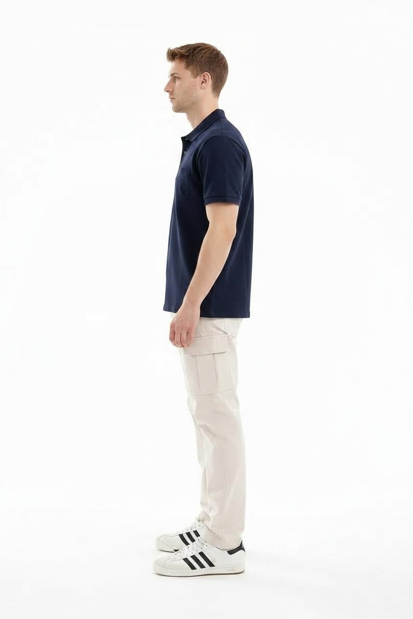 Men Light Navy Polo Collar Pockets T-shirt