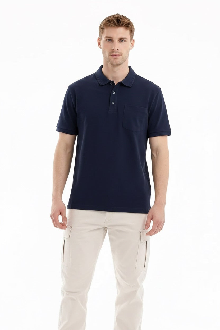 Men Light Navy Polo Collar Pockets T-shirt