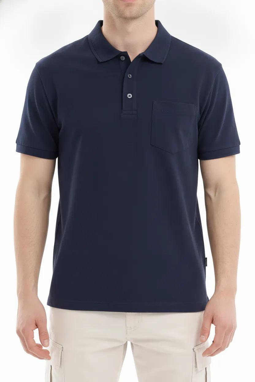 Men Light Navy Polo Collar Pockets T-shirt
