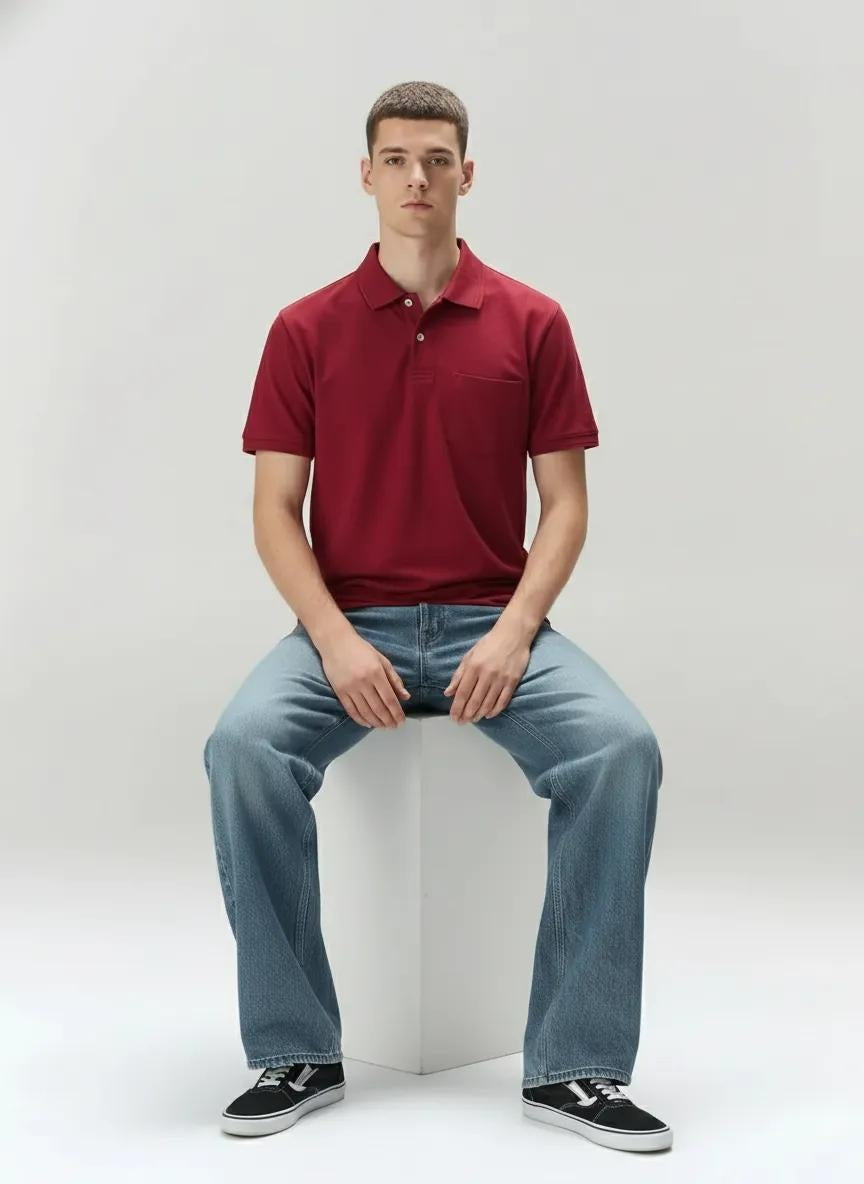 Men Merlot Polo Collar Pockets T-shirt