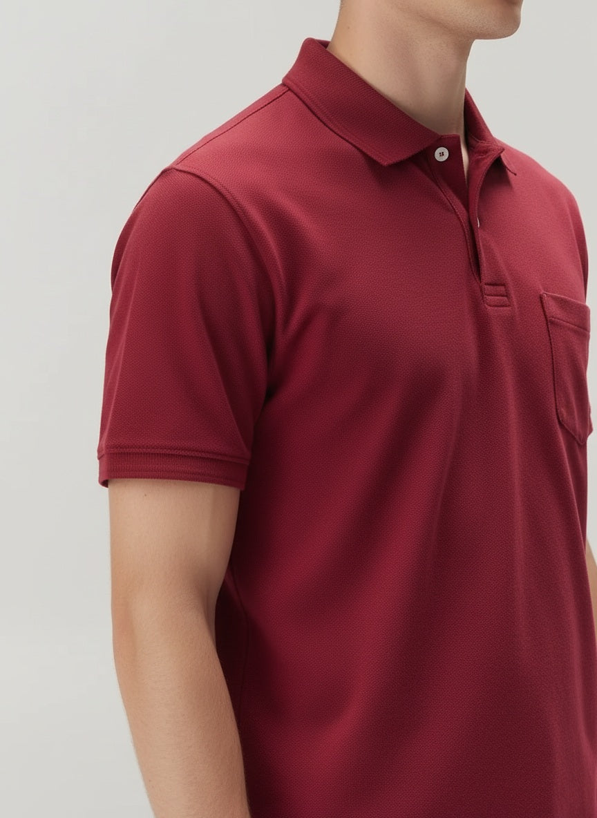 Men Merlot Polo Collar Pockets T-shirt