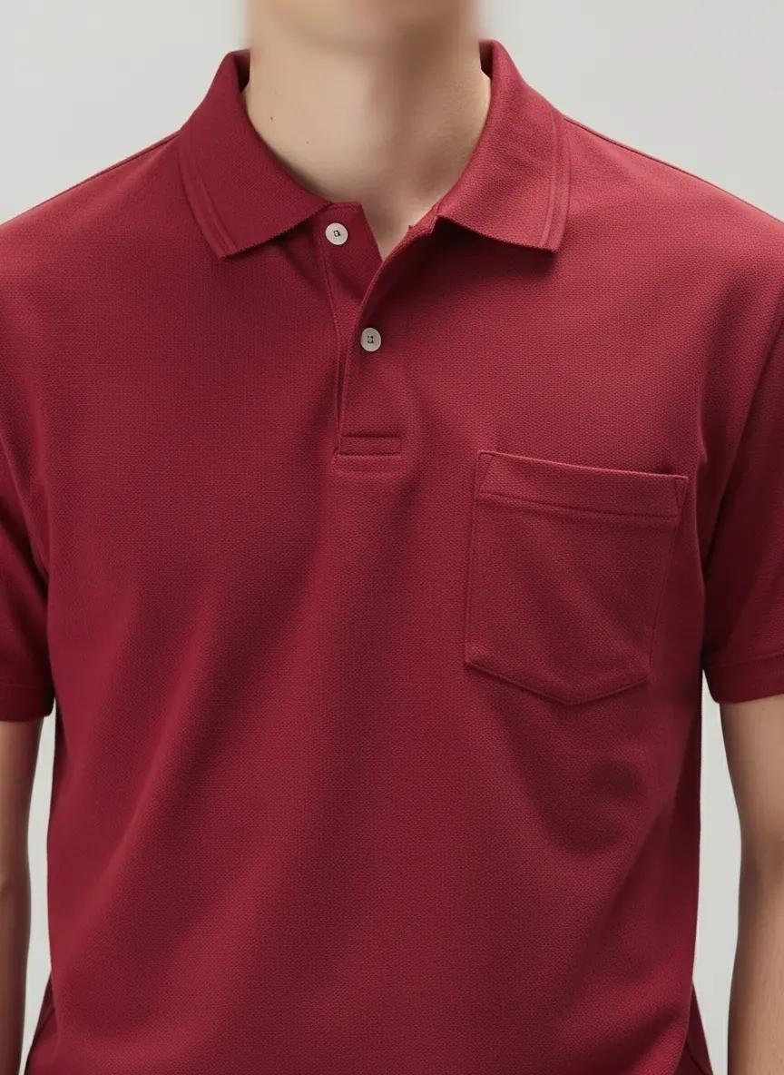 Men Merlot Polo Collar Pockets T-shirt
