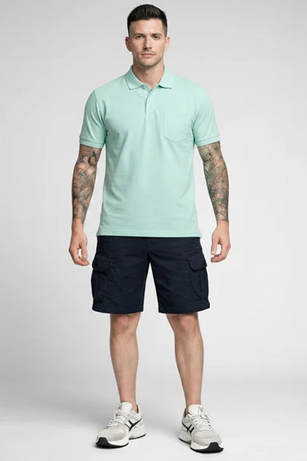 Men Mint Polo Collar Pockets T-shirt