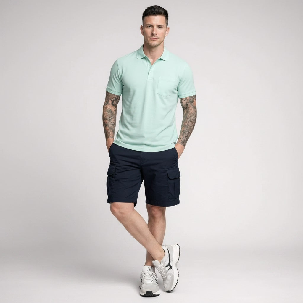 Men Mint Polo Collar Pockets T-shirt