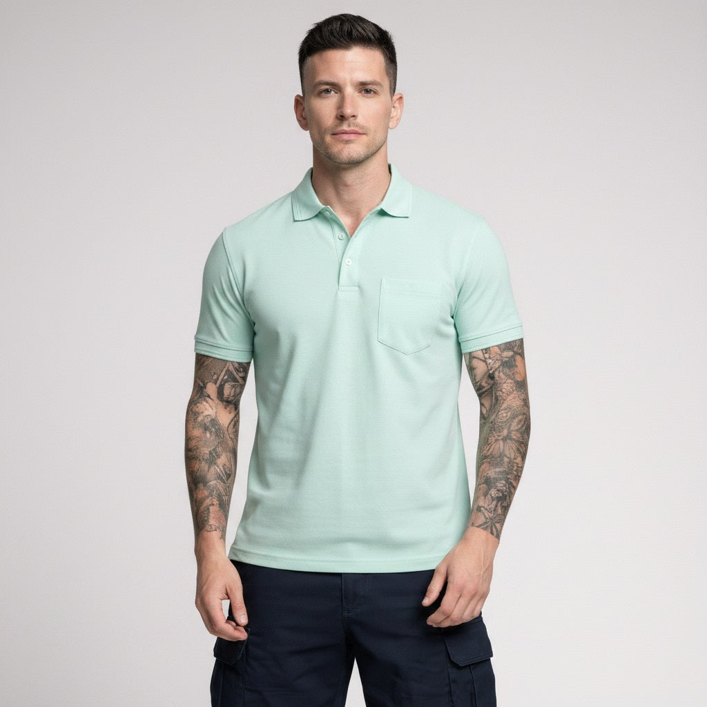 Men Mint Polo Collar Pockets T-shirt