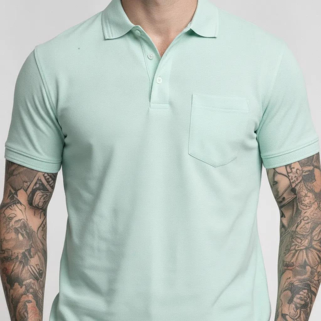 Men Mint Polo Collar Pockets T-shirt