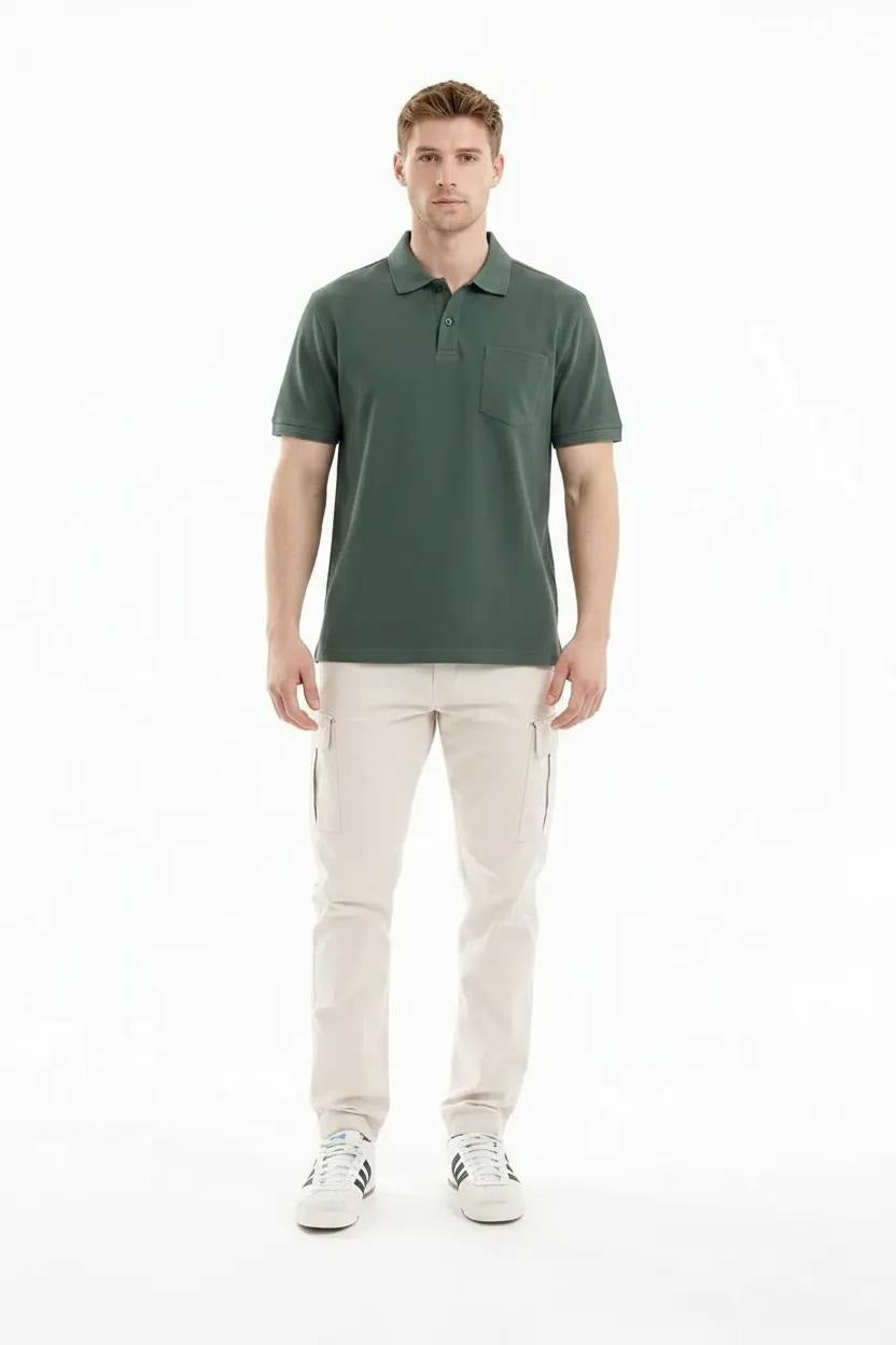 Men Mountain Green Polo Collar Pockets T-shirt