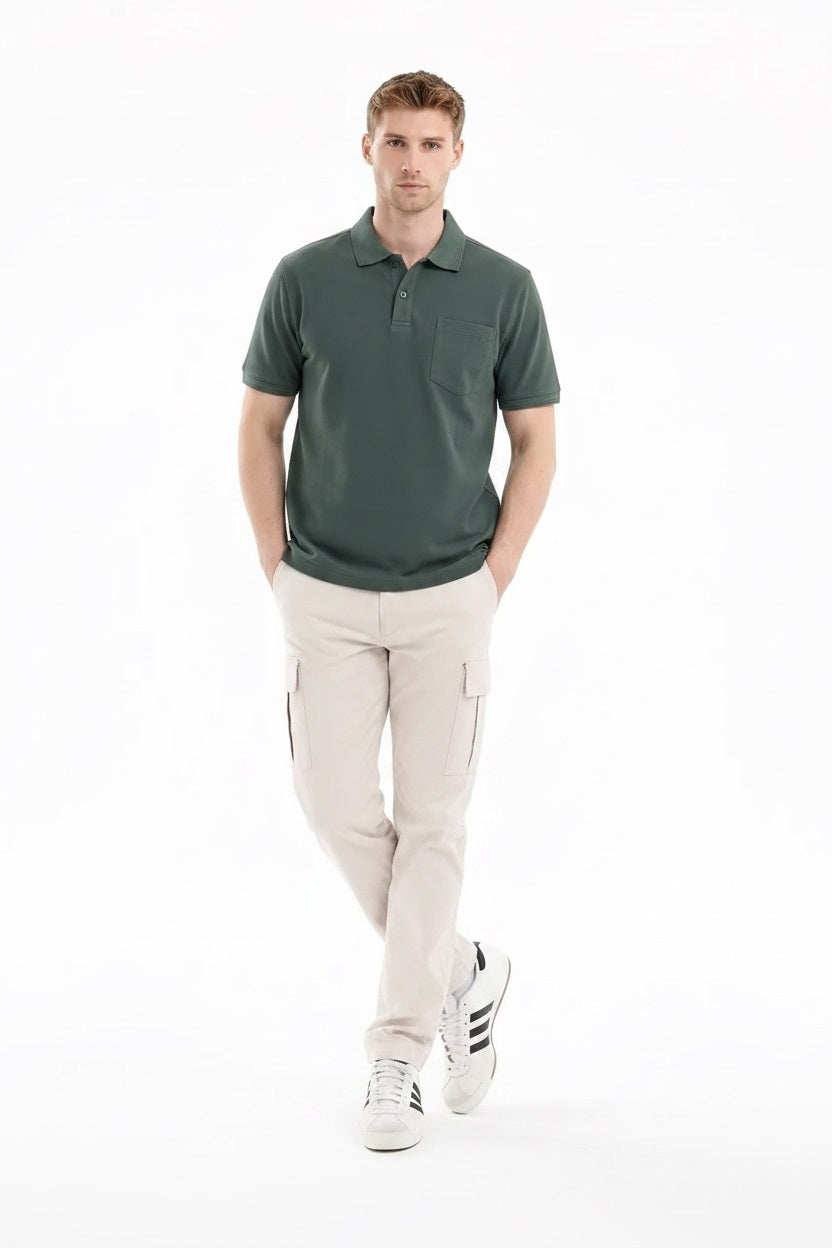 Men Mountain Green Polo Collar Pockets T-shirt