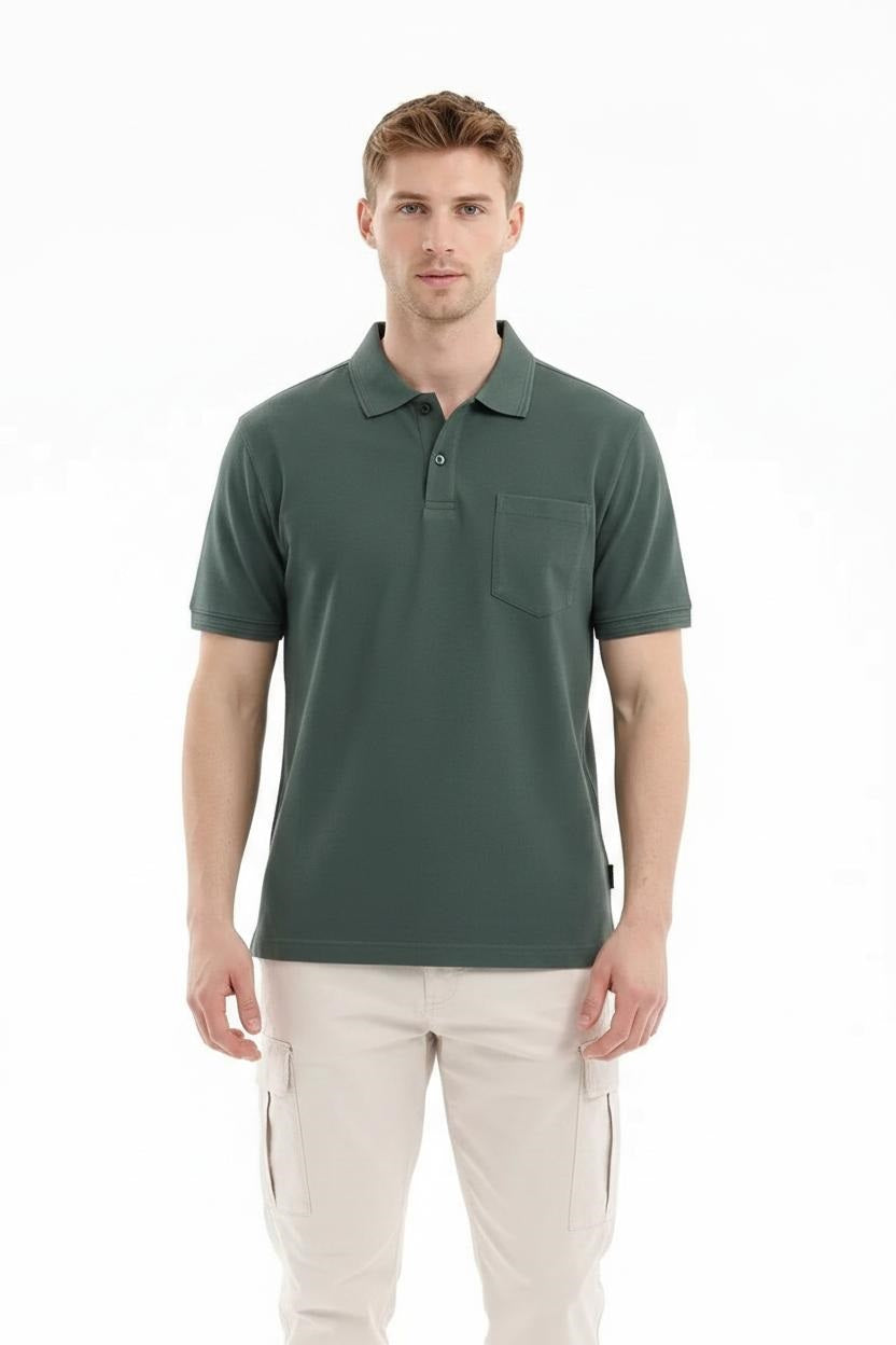 Men Mountain Green Polo Collar Pockets T-shirt