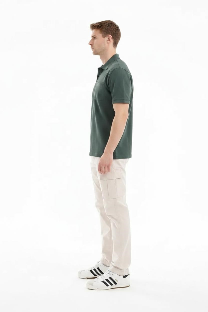 Men Mountain Green Polo Collar Pockets T-shirt