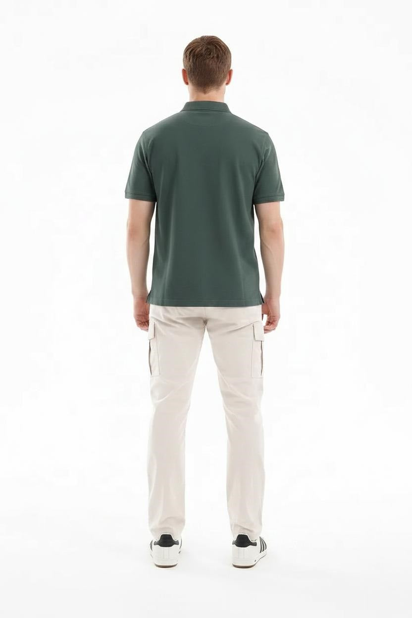 Men Mountain Green Polo Collar Pockets T-shirt