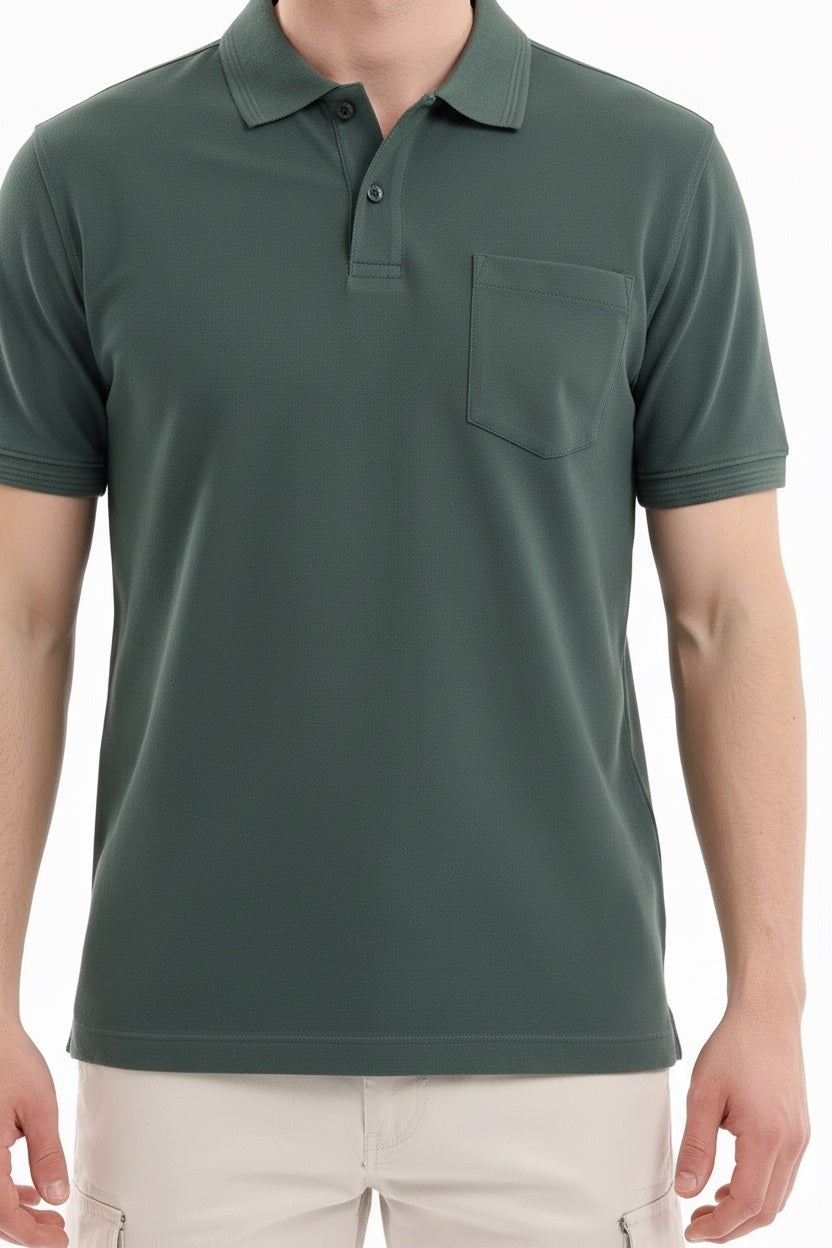 Men Mountain Green Polo Collar Pockets T-shirt
