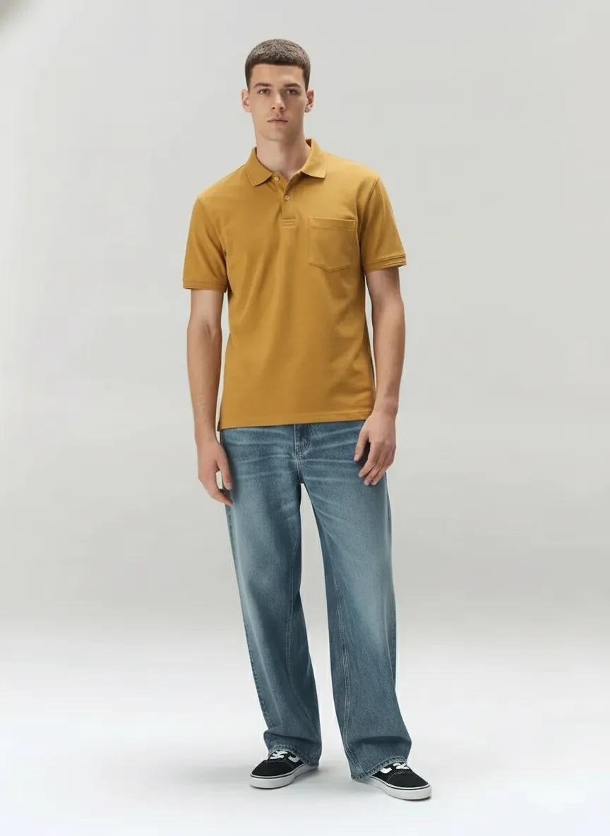 Men Oak Buff Polo Collar Pockets T-shirt