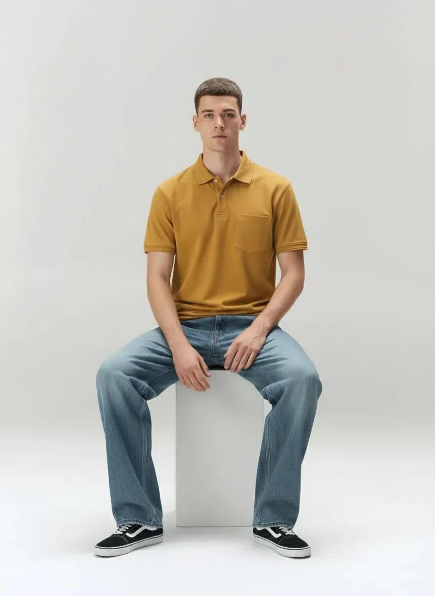 Men Oak Buff Polo Collar Pockets T-shirt