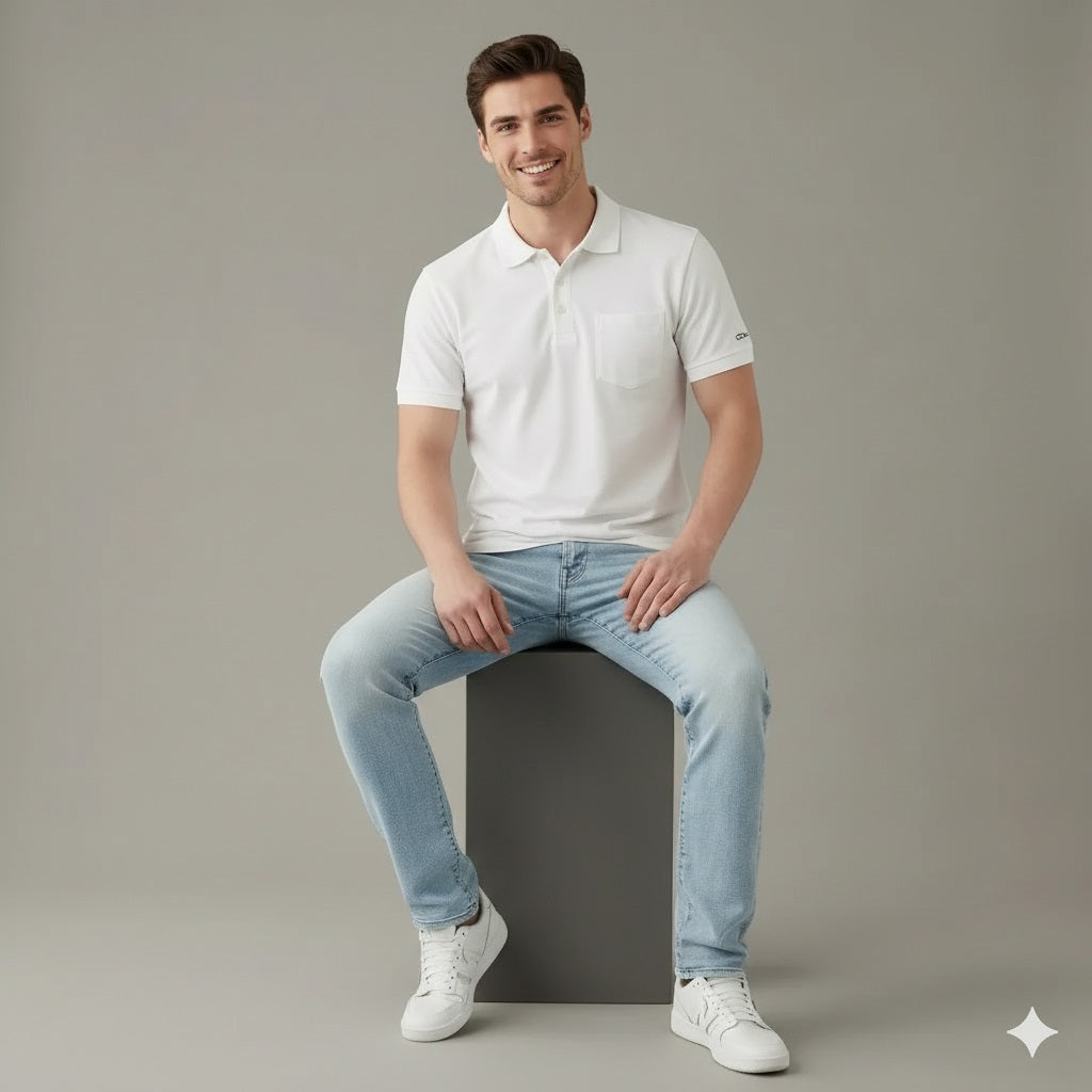 Men Off White Polo Collar Pockets T-shirt