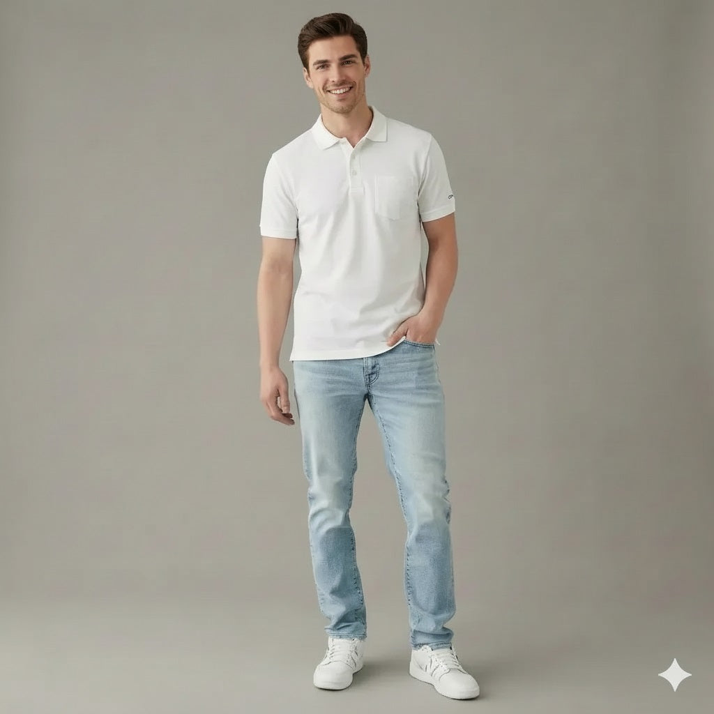 Men Off White Polo Collar Pockets T-shirt