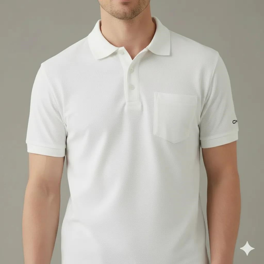 Men Off White Polo Collar Pockets T-shirt