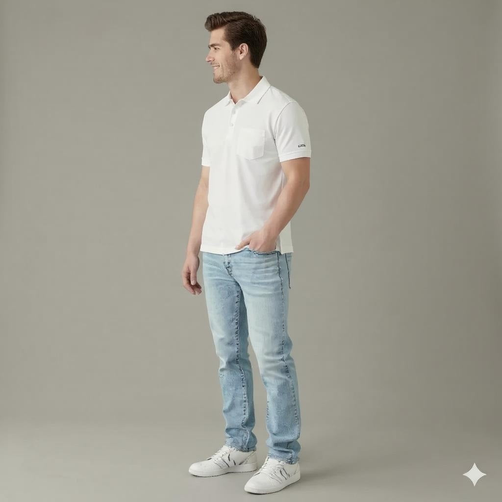 Men Off White Polo Collar Pockets T-shirt