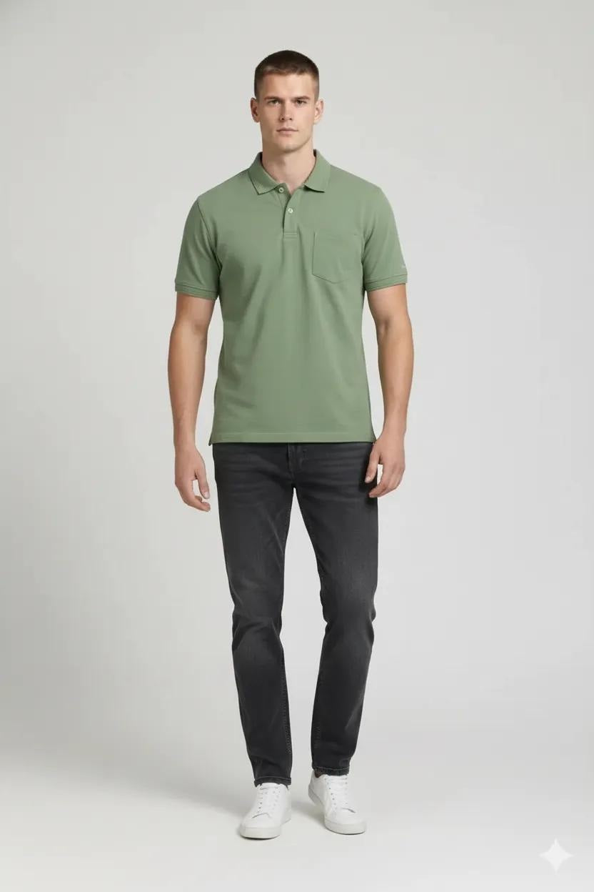 Men Oil Green Polo Collar Pockets T-shirt