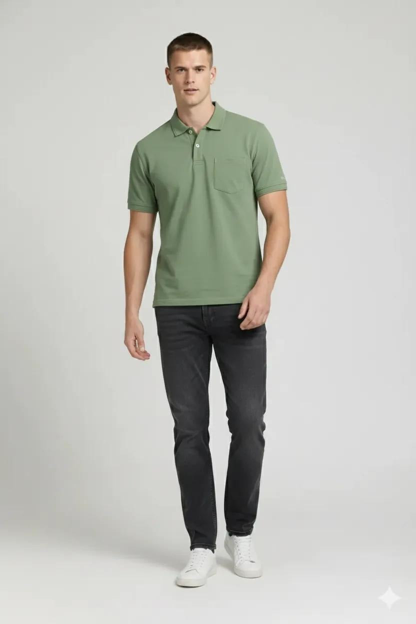 Men Oil Green Polo Collar Pockets T-shirt
