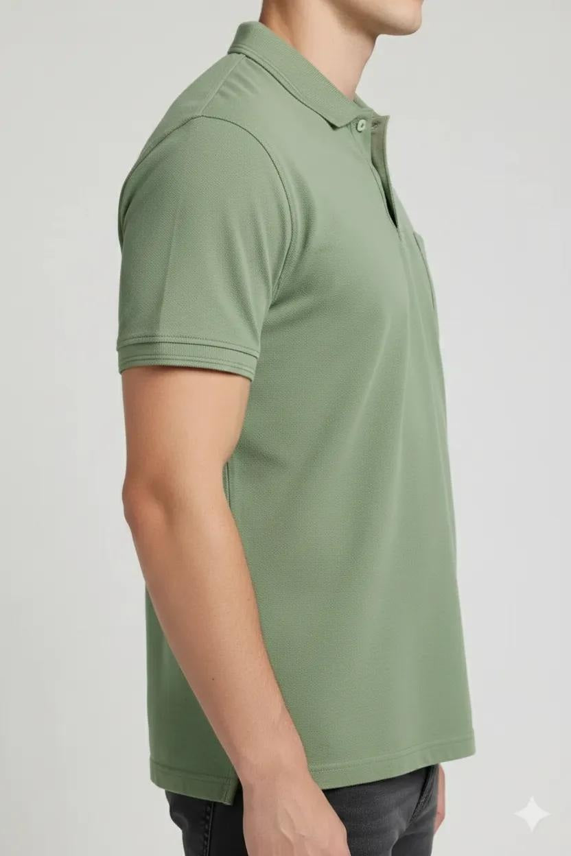 Men Oil Green Polo Collar Pockets T-shirt