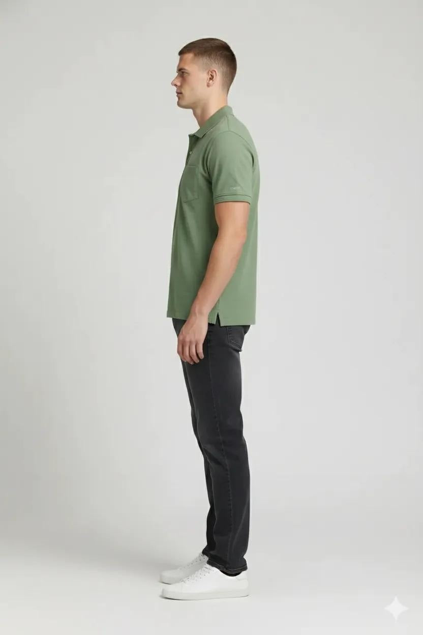 Men Oil Green Polo Collar Pockets T-shirt
