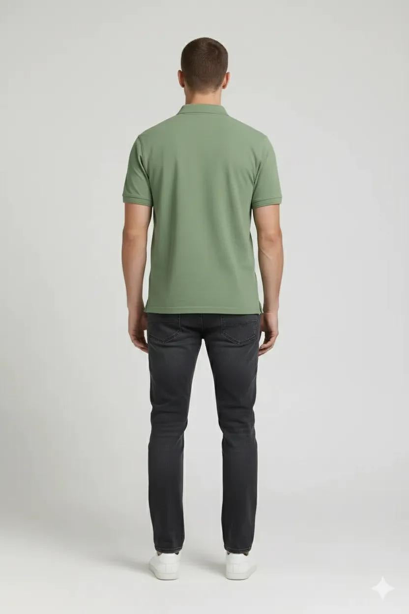 Men Oil Green Polo Collar Pockets T-shirt