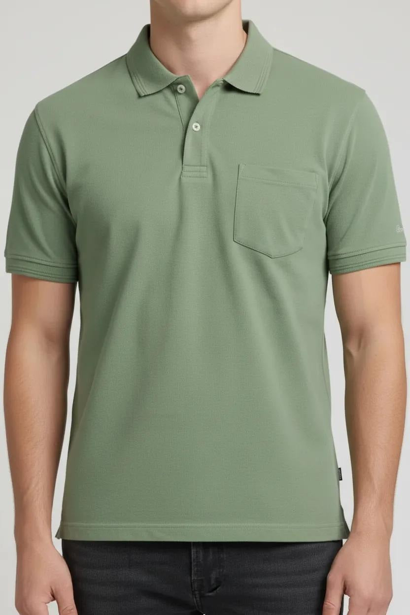 Men Oil Green Polo Collar Pockets T-shirt