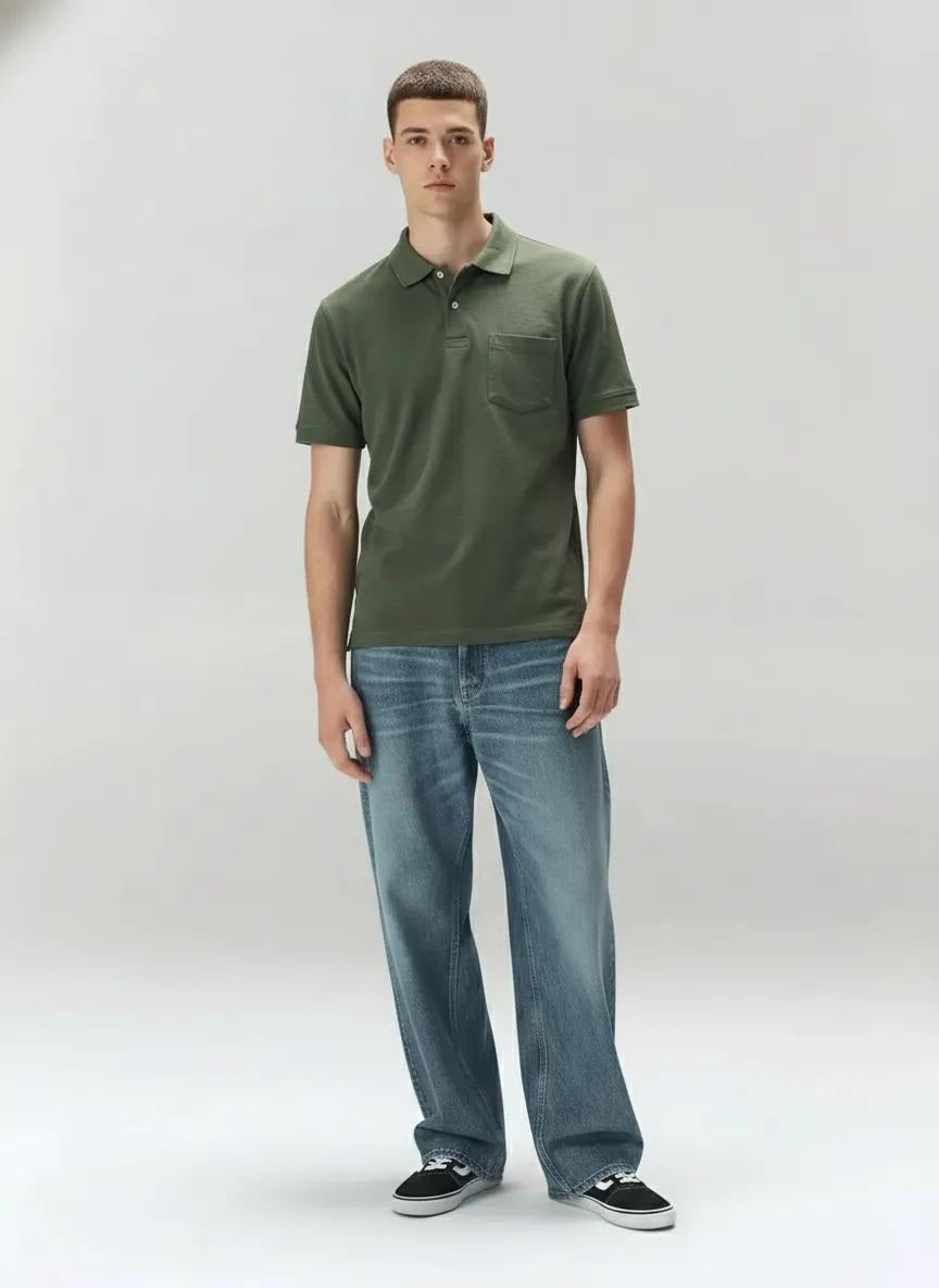 Men Olive Polo Collar Pockets T-shirt