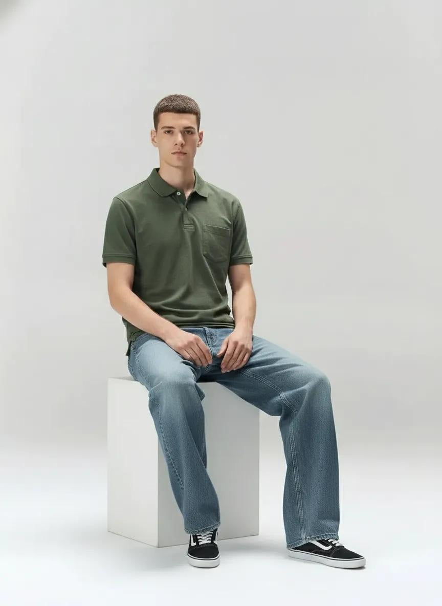 Men Olive Polo Collar Pockets T-shirt